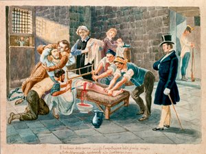 Patriot en lid van de Carboneria (Carbonarisme) Pietro Maroncelli (1795-1846) werd zijn been geamputeerd tijdens zijn gevangenschap in de gevangenis van de vesting Spielberg in Moravië. Prenten uit de 19e eeuw Museo del Risorgimento, Milaan