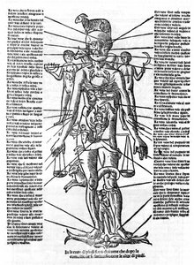 Plaat die een menselijk lichaam voorstelt met de positie van alle organen en de bijbehorende astrologische tekens. Plage getekend uit 
