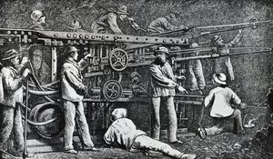 Pneumatische rotsboormachine gemaakt door Giovanni Battista Piatti en geperfectioneerd door Germano Sommeiller (1815-1871), gravure Italië door Italian School