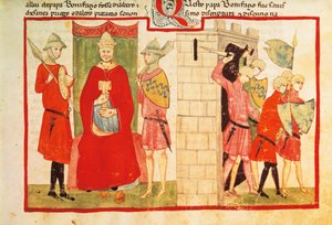 Paus Bonifatius VIII in Anagni en de verdrijving van Sciarra Colonna (Giacomo Colonna) uit de stad, miniatuur uit de Kroniek van Giovanni Villani, manuscript Chigi L VIII 296 folio 176 recto, Italië 14e eeuw door Italian School