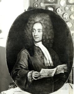 Portret van de componist Tomaso Giovanni Albinoni (1671-1751) met een muziekpartituur door Italian School