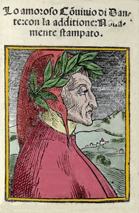Portret van de Italiaanse dichter Dante Alighieri (1265-1321). Gravure. Frontispice van 