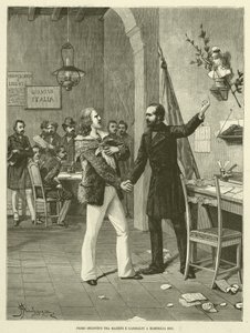 Eerste ontmoeting tussen Mazzini en Garibaldi in Marseille 1833 (gravure) door Italian School