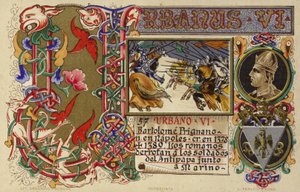 Gedrukte herdenking van Paus Urbanus VI (kleurgravure) door Italian School