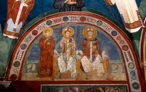 Voorstelling van Sint Stefanus, christelijke martelaar, Sint Thomas Becket (1118-1170), aartsbisschop van Canterbury en Sint Nicolaas van Myra of Bari (270-345) Anonieme fresco (13e eeuw) Lagere kerk. Klooster van Sint Benedetto (Sacro Speco), Subiaco (Rom