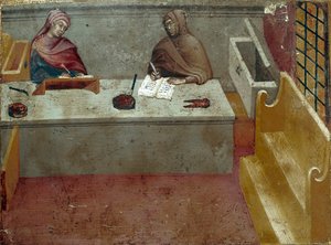 Voorstelling van een camerlinguist, assistent van een kopiist. Anoniem schilderij op hout van een Biccherna (omslag van het boekhoudregister van de stad Siena) 1388. Siena Archivio di Stato, Italië door Italian School
