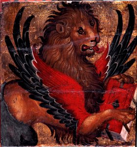 Voorstelling van de Leeuw van Sint Marcus. Schilderij op hout door Venetiaanse kunstenaar. 15e eeuw