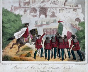 Risorgimento, Romeinse Republiek: de soldaten van het leger van Giuseppe Garibaldi proberen de villa van de Quattro Venti in Rome te heroveren op 03/06/1849 door Italian School