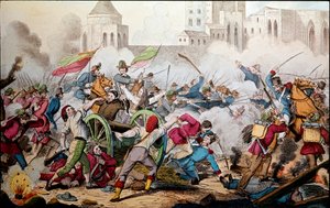 Risorgimento: De gevechten van Palermo op 26 mei 1860. Expeditie van de duizend (rode hemden). Giuseppe Garibaldi tussen Palermo en het volk in opstand (19e eeuw) door Italian School