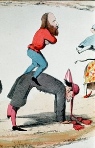 Risorgimento: satirische tekening die de helden van het Risorgimento Giuseppe Garibaldi (1807-1882) afbeeldt die de Romeinse kwestie regelt, een politieke controverse over de rol van Rome, zetel van de wereldlijke macht van de paus en hoofdstad van het nie door Italian School