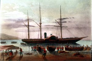 Risorgimento: het vertrek op 8/08/1860 van Giuseppe Missori, officier van het leger van Giuseppe Garibaldi (1807-1882), in de Straat van Messina richting het Fort van Villa San Giovanni. Illustratie uit de 19e eeuw