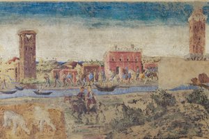 Rivier, torens en landelijk leven (detail), Hal van de Maanden, Onderste gedeelte: Levensscènes van het hof van Borso d