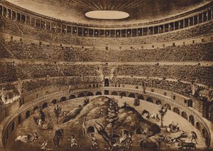 Roma / Rome: Interieur van het Colosseum, De jacht op de beurzen, historische reconstructie (litho)