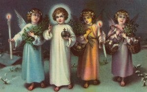 Heilige en engelen (kleurenlitho) door Italian School