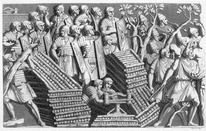 Soldaten, mogelijk een pontonbrug of belegeringsmachine bouwend, mogelijk van Trajans Zuil, uit Customs of the Romans, c.1800-10