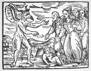 Tovenaars presenteren een kind aan de Duivel, uit Compendium Maleticarum door Fr M Guaccius (1608) geïllustreerd in een geschiedenis van magie gepubliceerd eind 19e eeuw door Italian School