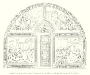 Spinello Aretino, Totila, Koning der Goten, voor San Benedetto, oostkant van de sacristie van San Miniato (gravure) door Italian School