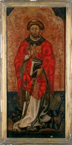 St. Philipus die op een demon stapt, schilderij op hout uit de 15e eeuw