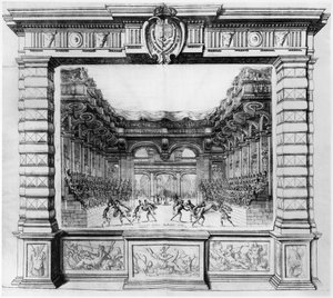 Toneelontwerp door Giacomo Torelli (1608-78) voor la Finta Pazza uitgevoerd in 1645 in Theatre Petit Bourbon in Parijs, 1654 door Italian School