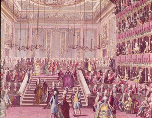 Het bal in het Teatro San Benoit in Venetië op 22 januari 1782, eind 18e eeuw door Italian School