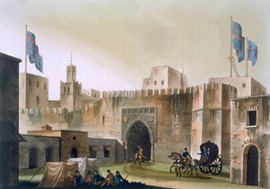 De Beb Kar, poort naar Tunis, met Europeanen in een door paarden getrokken rijtuig, ca. 1820-30 door Italian School
