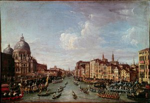De Bucentaurus (Bucentoro) naar San Nicolo in Venetië Dit is waarschijnlijk de Doge Alvise IV Mocenigo (1763-1778) tijdens de Hemelvaartsvieringen. Anoniem schilderij uit de 18e eeuw. Venetië, Correr Museum door Italian School
