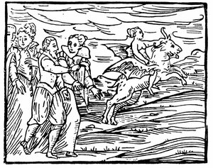 De Duivel, in de vorm van een vliegende geit, die een heks naar de sabbat draagt, illustratie uit Compendium Maleficarum door Francesco Maria Guazzo, 1608
