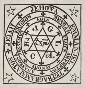 De Grote Magische Cirkel van Agrippa voor de Evocatie van Demonen, kopie van een illustratie uit Les Oevres Magiques de Henri Corneille Agrippa, Rome 1744, gebruikt in Geschiedenis van de Magie, gepubliceerd eind 19e eeuw door Italian School