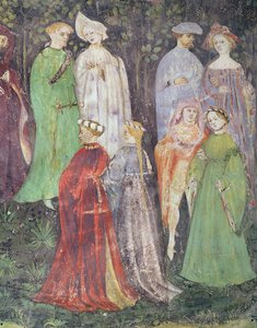 De Maand Juni, detail van edellieden en vrouwen die wandelen, c.1400