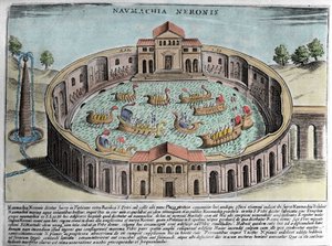 De Naumachia van Nero, voorstelling van een zeeslag in Rome. Gravure (17e eeuw). door Italian School