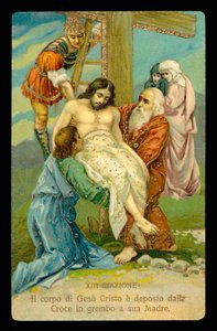 De kruisweg (uit een set van 14) (kleurenlitho) door Italian School