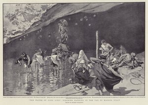 "Het water van het lange leven", pelgrims badend in de Val di Maggio, Italië (litho) door Italian School