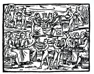 De heksensabbat, kopie van een illustratie uit Compendium Maleficarum door Fr M Guaccius, Milaan 1608, gebruikt in History of Magic, gepubliceerd eind 19e eeuw door Italian School