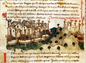 Het begin van de Chioggia-oorlog tussen Genua en Venetië. Kronieken van Sercambi. Nationaal Archief, Lucca.
