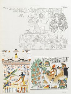 De overledene krijgt voedsel en wijn van de godin van de sycamoreboom en Anubis met de mummie door Italian School