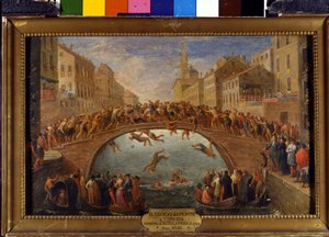 Het spel van de brug heeft Venetië De strijd van de stokken op de Ponte Santa Fosca. Schilderij van de Venetiaanse school. 18e eeuw.