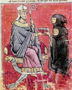 De monnik Benedetto da Bari (die jong en oud voorstelt om aan te geven dat het schrijven van zijn werk zijn hele leven heeft gekost) overhandigt aan de abt Balsamo (13e eeuw), leider van de Benedictijner abdij van Cava de Tirreni, zijn codex De Septem Sigi door Italian School