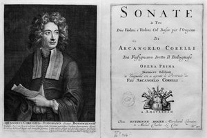 Titelpagina van Sonate a Tre met een portret van Arcangelo Corelli (1653-1713)