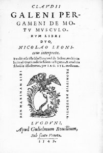 Titelpagina van Claudii Galeni Pergameni De Motu Musculorum Libri Duo, een verzameling werken van Claudius Galenus, gepubliceerd in 1549 (prent)