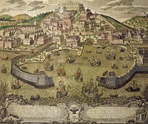 Stad Triëst en zijn vrije haven, gekleurde gravure, Italië door Italian School