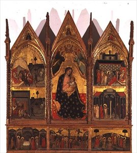 Drieluik: Madonna en Kind op de Troon geflankeerd door scènes uit het leven van St. Bartholomeus met een predella paneel van scènes uit het leven van Christus, School van de Marches door Italian School