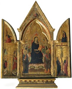 Drieluik: Maagd Maria en Kind met Heiligen, Engelen en de Kruisiging door Italian School