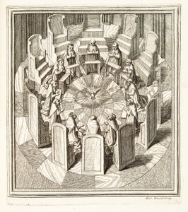 Twaalf Rechters van de Rota bidden in een ronde hal rondom de Heilige Geest, pub. 1717 (gravure) door Italian School