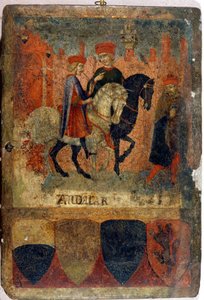Twee belastinginspecteurs. Biccherna (omslag van het boekhoudregister van de stad Siena). Nationaal Archief - Museo delle Tavolette de Bicherna, Siena. Eind 14e - begin 15e eeuw