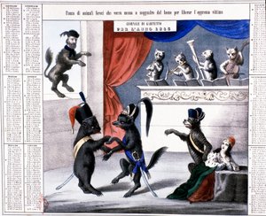 Eenheid van Italië: allegorische kalender van het jaar 1865: cartoon met de leeuw Giuseppe Garibaldi die op het punt staat op de Franse muis en de Oostenrijkse vos te springen om Italië te bevrijden. De muzikanten zijn katten door Italian School