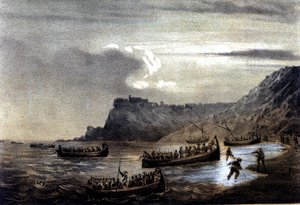 Eenwording van Italië: expeditie van de Duizend of Rode Hemden onder leiding van Giuseppe Garibaldi. Het vertrek van de eerste vloot van Garibaldianen naar Calabrië bij Fort Stella. Lithografie uit de 19e eeuw