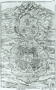 Zicht vanuit het noorden op de Azteekse stad Tenochtitlan, uit Relatione della Citta del Temistitan door Giovanni Battista Ramusio (1485-1557) gepubliceerd in Venetië 1606 door Italian School