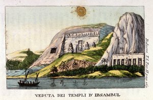 Uitzicht op de tempel van Abu Simbel. De auteur Giovanni Battista (Gianbattista) Belzoni (1778-1823), is een Italiaanse ontdekkingsreiziger en archeoloog, die belangrijke archeologische ontdekkingen deed in Egypte. Gravure - in “Viaggio in Egitto e in Nubi door Italian School