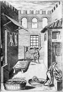 Uitzicht op een keuken. Achterin slijpt een man de messen terwijl een ander de borden wast. Gravure uit “Opera”, boek over gastronomie verdeeld in 6 delen, door Bartolomeo Scappi, persoonlijke kok van paus Pius V. Venetië