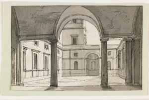 Zicht op een Italiaanse zuilengang en binnenplaats